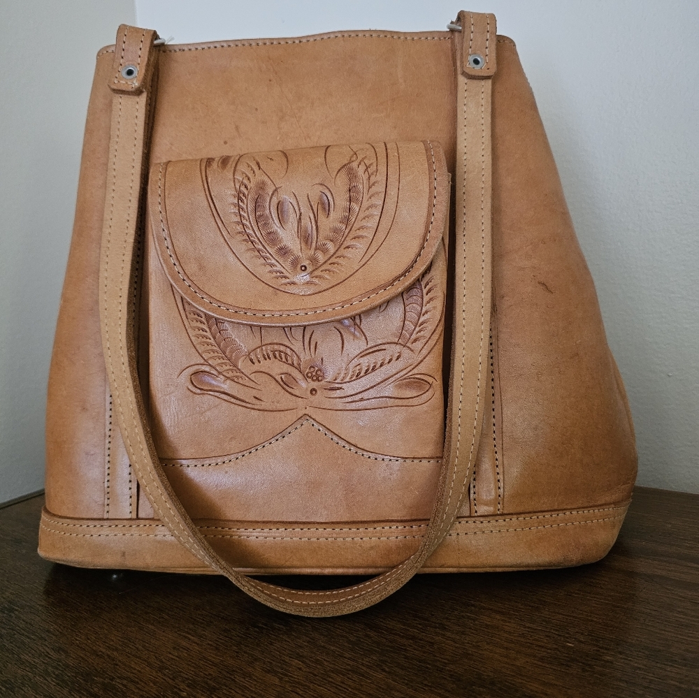 Elegant Brown Tan Leather Tote Bag Vintage Embossed Purse Boho